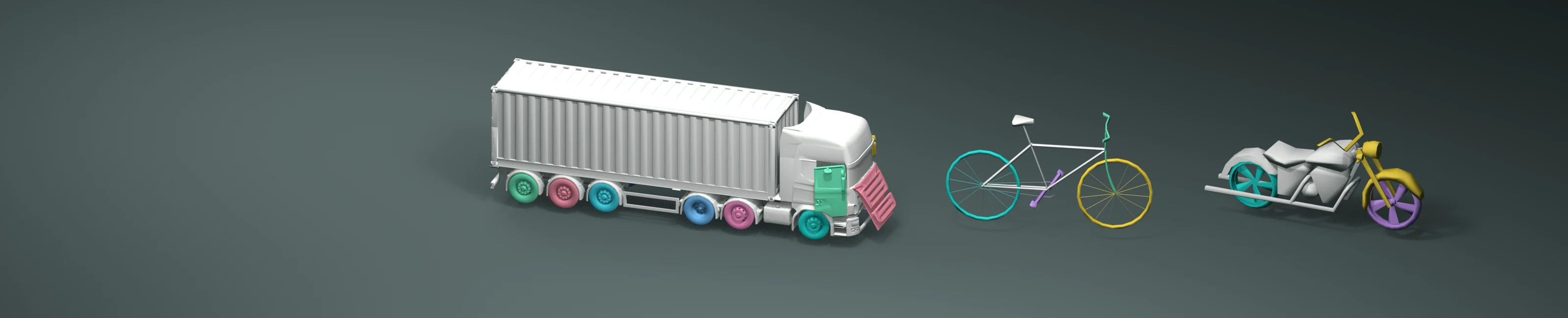 A cargo truck, bicycle, and motorbike rendered from the SketchMobility articulated object collection.